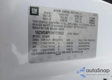 2017 Chevrolet Express 2500 Work Van z USA, uszkodzony, nr VIN 1GCWGAF11H1179652